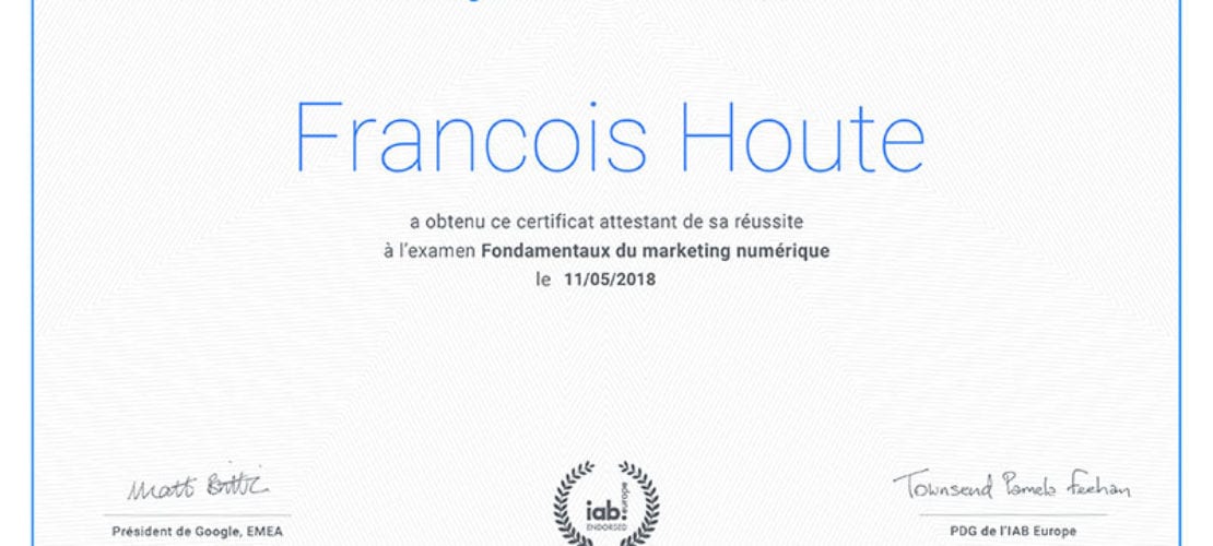 Certificat Google Marketing Numérique François Houte