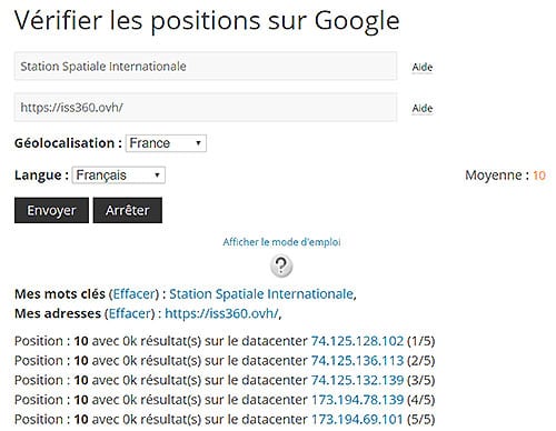 Position ISS360.ovh dans Google sur la requête Station Spatiale Internationale