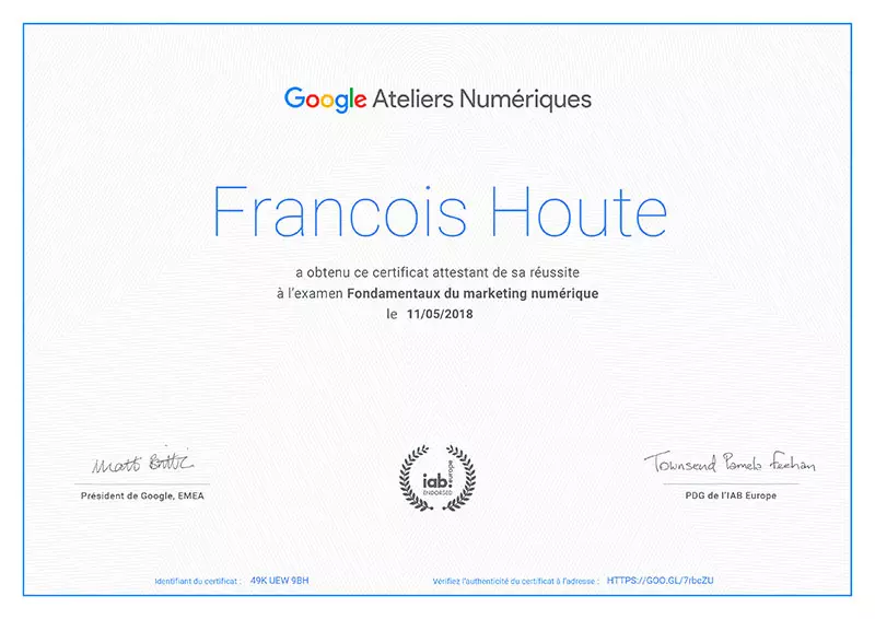 Certificat Google Marketing Numérique François Houte